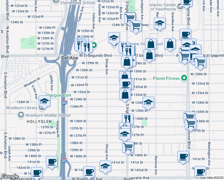 map of restaurants, bars, coffee shops, grocery stores, and more near 4864 West 133rd Street in Hawthorne