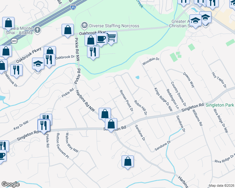 map of restaurants, bars, coffee shops, grocery stores, and more near 1473 Wing Foot Way in Norcross