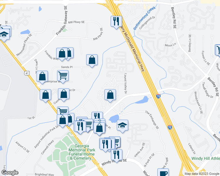 map of restaurants, bars, coffee shops, grocery stores, and more near 1716 Terrell Mill Road in Marietta