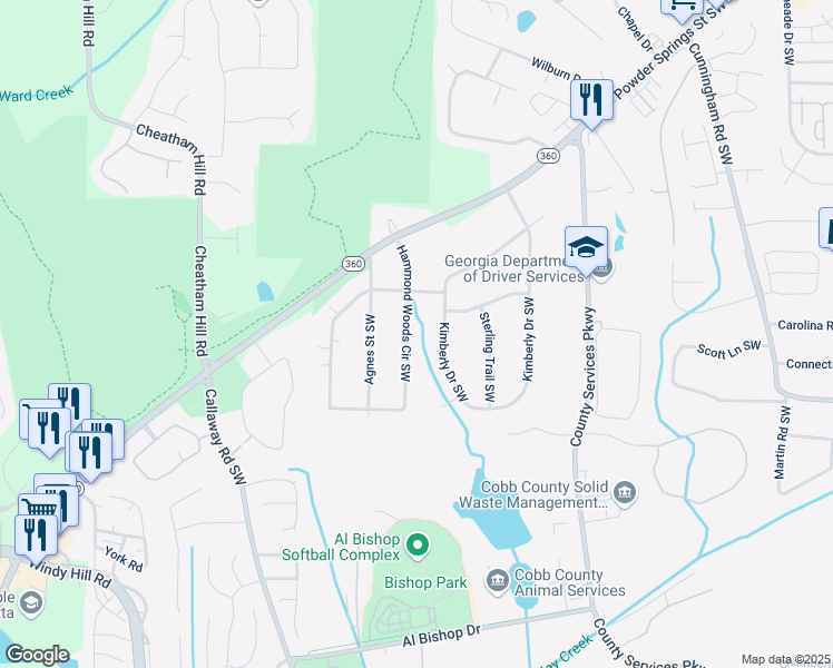 map of restaurants, bars, coffee shops, grocery stores, and more near Hammond Woods Circle Southwest in Marietta