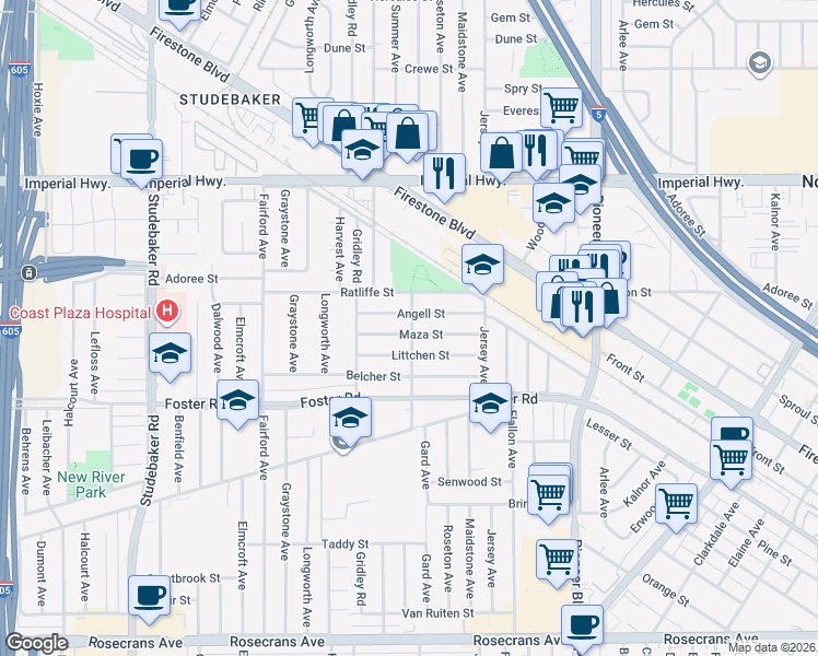map of restaurants, bars, coffee shops, grocery stores, and more near 11457 Maza Street in Norwalk