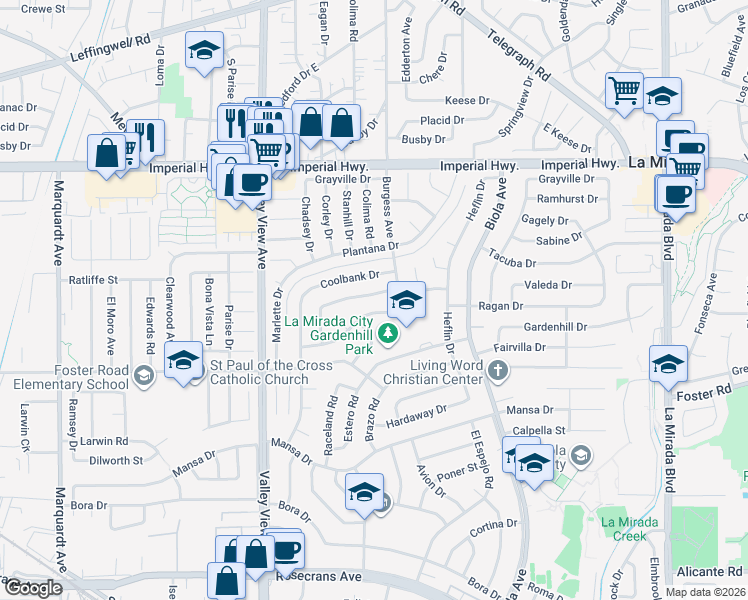map of restaurants, bars, coffee shops, grocery stores, and more near 14420 Bridgewood Drive in La Mirada