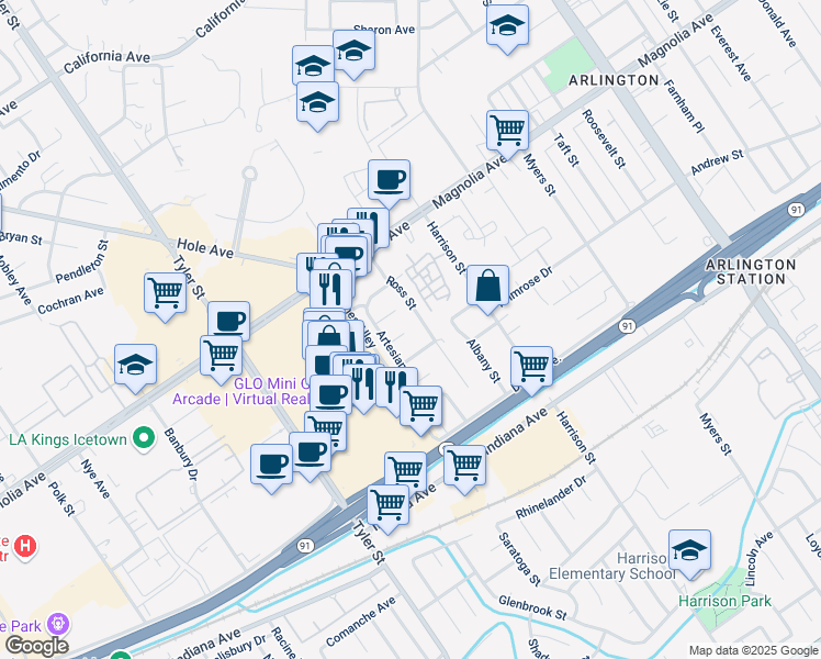 map of restaurants, bars, coffee shops, grocery stores, and more near 10052 Judy Court in Riverside