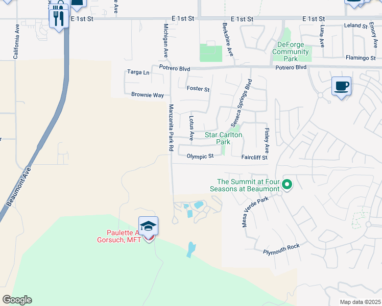 map of restaurants, bars, coffee shops, grocery stores, and more near 1266 Olympic Street in Beaumont