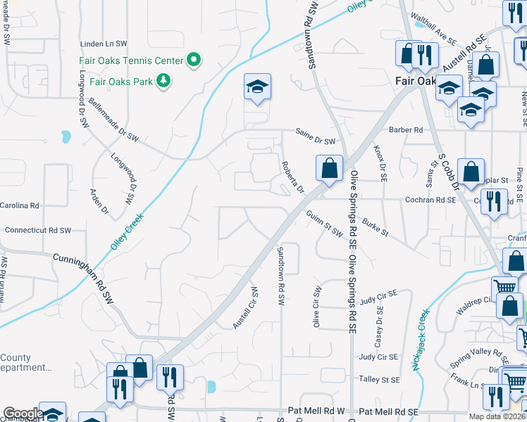 map of restaurants, bars, coffee shops, grocery stores, and more near 1696 Austell Road Southwest in Marietta