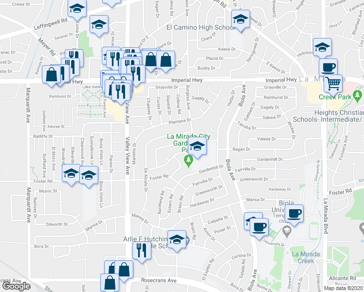 map of restaurants, bars, coffee shops, grocery stores, and more near 14420 Bridgewood Drive in La Mirada