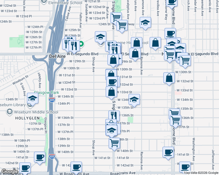 map of restaurants, bars, coffee shops, grocery stores, and more near 4817 West 133rd Street in Hawthorne