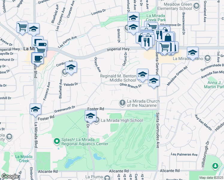 map of restaurants, bars, coffee shops, grocery stores, and more near 15518 Olive Branch Drive in La Mirada