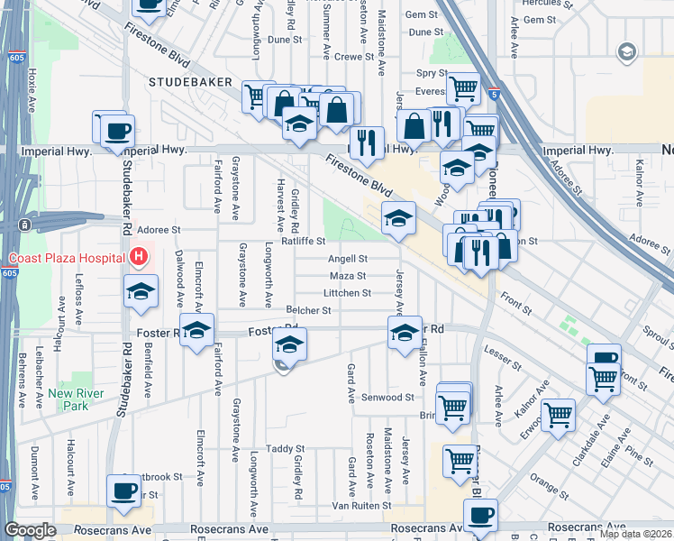 map of restaurants, bars, coffee shops, grocery stores, and more near 11457 Maza Street in Norwalk
