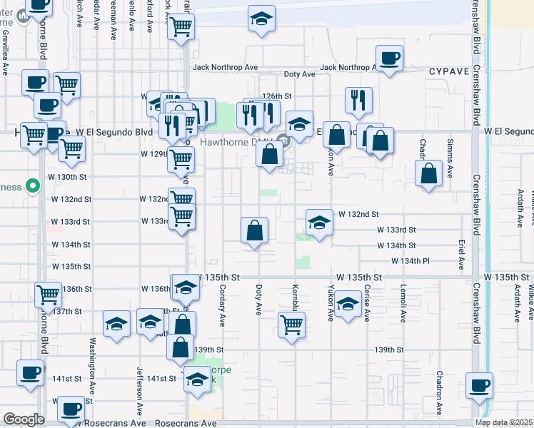 map of restaurants, bars, coffee shops, grocery stores, and more near 13200 Doty Avenue in Hawthorne