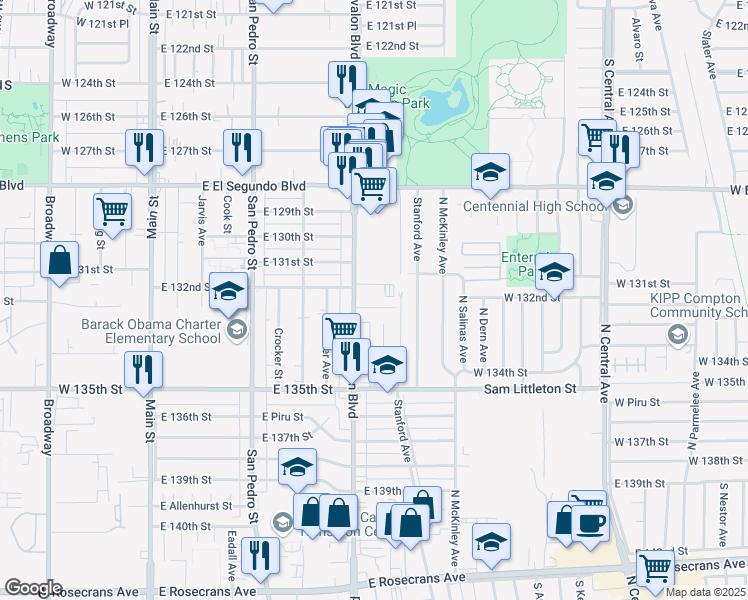map of restaurants, bars, coffee shops, grocery stores, and more near 13218 Avalon Boulevard in Los Angeles