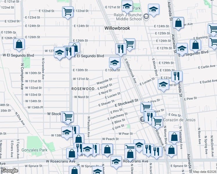 map of restaurants, bars, coffee shops, grocery stores, and more near 2114 East Knopf Street in Compton