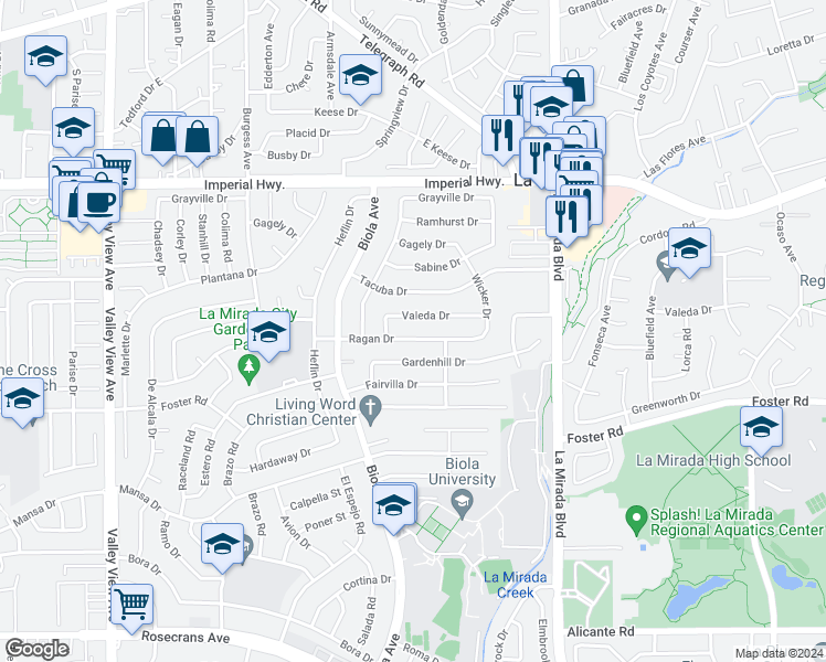 map of restaurants, bars, coffee shops, grocery stores, and more near 14727 Ragan Drive in La Mirada