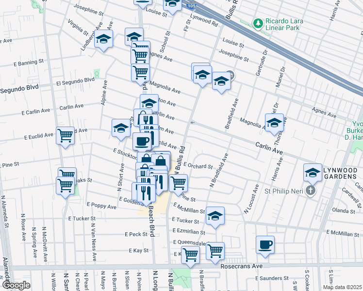 map of restaurants, bars, coffee shops, grocery stores, and more near 3586 Euclid Avenue in Lynwood