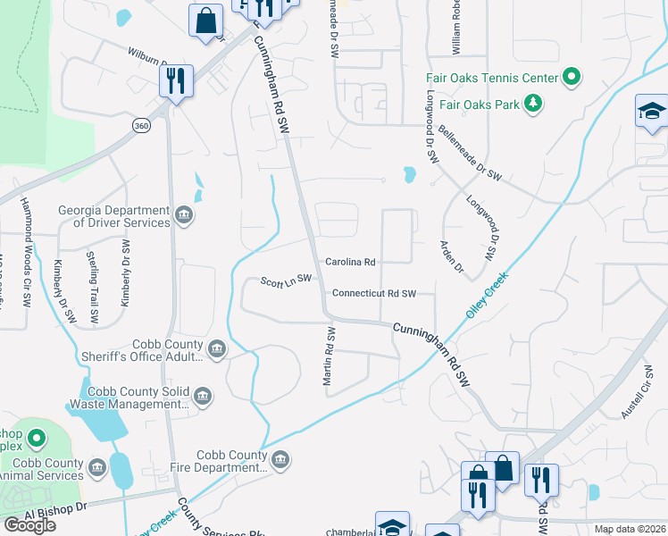 map of restaurants, bars, coffee shops, grocery stores, and more near 725 Carolina Road in Marietta