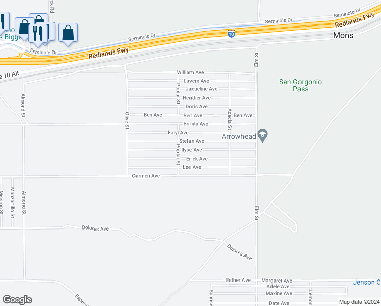 map of restaurants, bars, coffee shops, grocery stores, and more near Ilyse Avenue in Cabazon