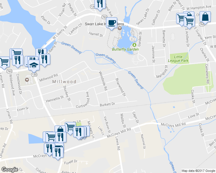 map of restaurants, bars, coffee shops, grocery stores, and more near 119 Woodside Road in Sumter