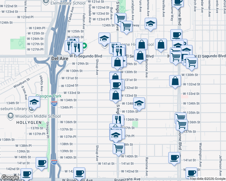 map of restaurants, bars, coffee shops, grocery stores, and more near 4817 West 133rd Street in Hawthorne