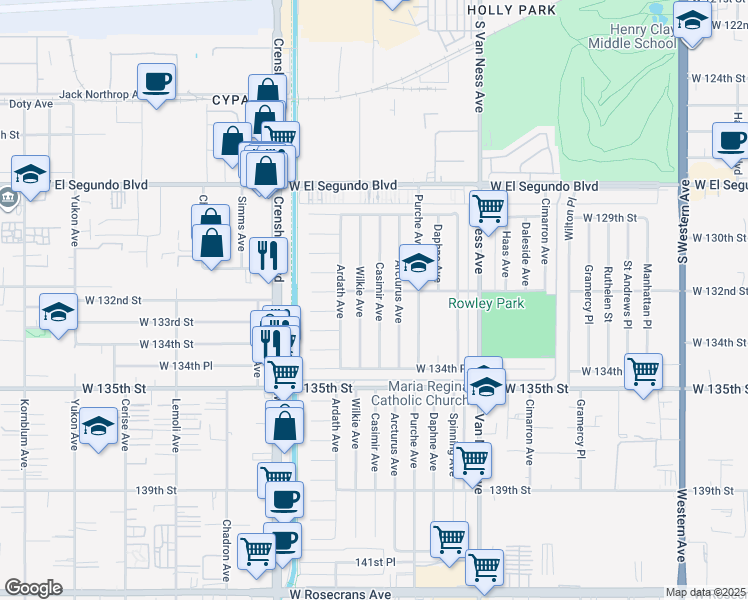 map of restaurants, bars, coffee shops, grocery stores, and more near 13205 Casimir Avenue in Gardena