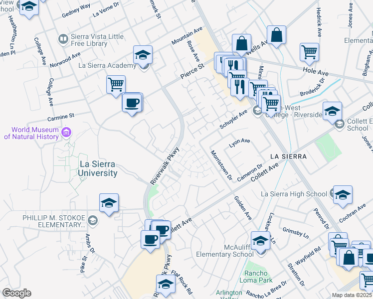 map of restaurants, bars, coffee shops, grocery stores, and more near 4603 Olsen Court in Riverside