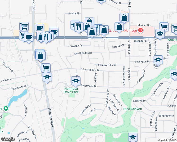 map of restaurants, bars, coffee shops, grocery stores, and more near 3513 Twilight Drive in Fullerton