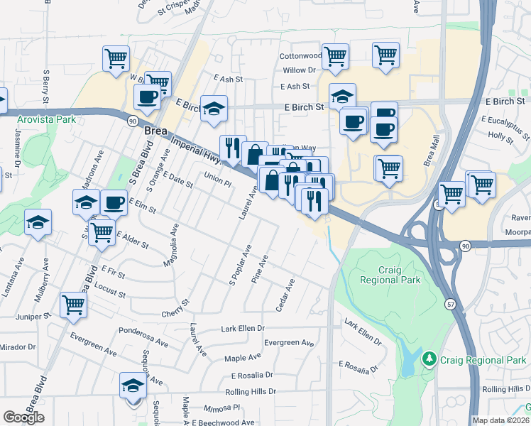 map of restaurants, bars, coffee shops, grocery stores, and more near 755 East Date Street in Brea