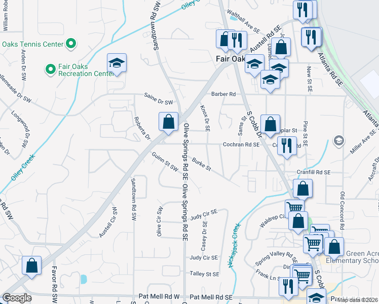 map of restaurants, bars, coffee shops, grocery stores, and more near 1671 Olive Springs Road Southeast in Marietta