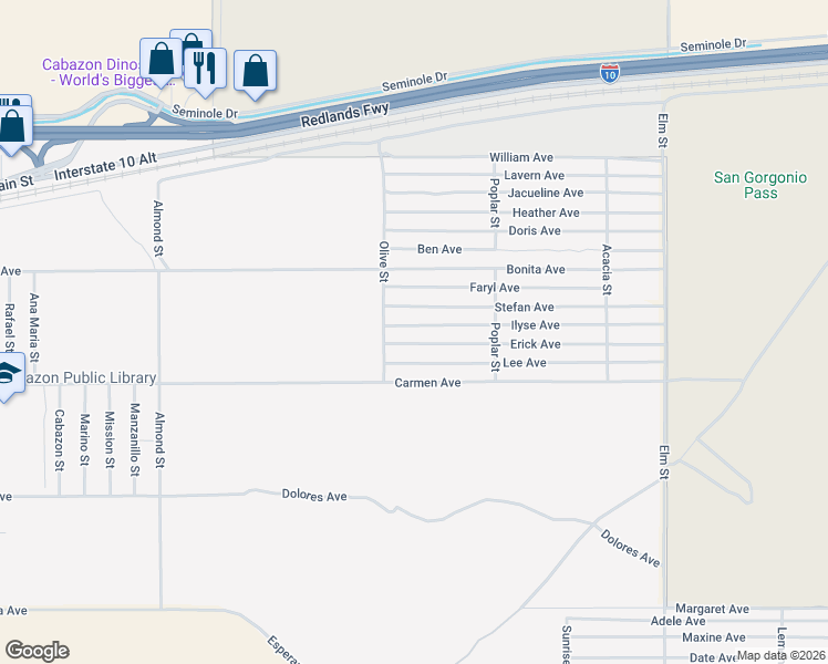 map of restaurants, bars, coffee shops, grocery stores, and more near Ilyse Avenue in Cabazon