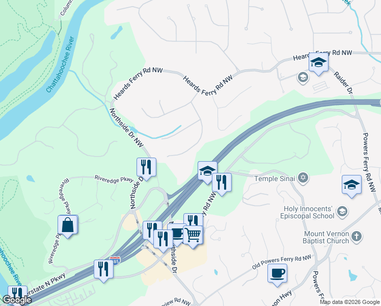 map of restaurants, bars, coffee shops, grocery stores, and more near 300 Cameron Ridge Drive Northwest in Atlanta