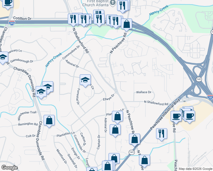 map of restaurants, bars, coffee shops, grocery stores, and more near 4039 Admiral Drive in Chamblee