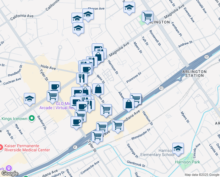 map of restaurants, bars, coffee shops, grocery stores, and more near 3625 Ross Street in Riverside