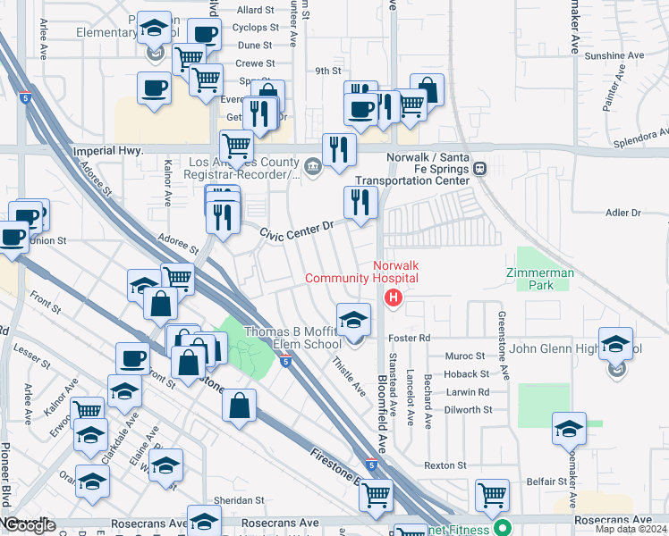 map of restaurants, bars, coffee shops, grocery stores, and more near 13019 Avonlea Avenue in Norwalk