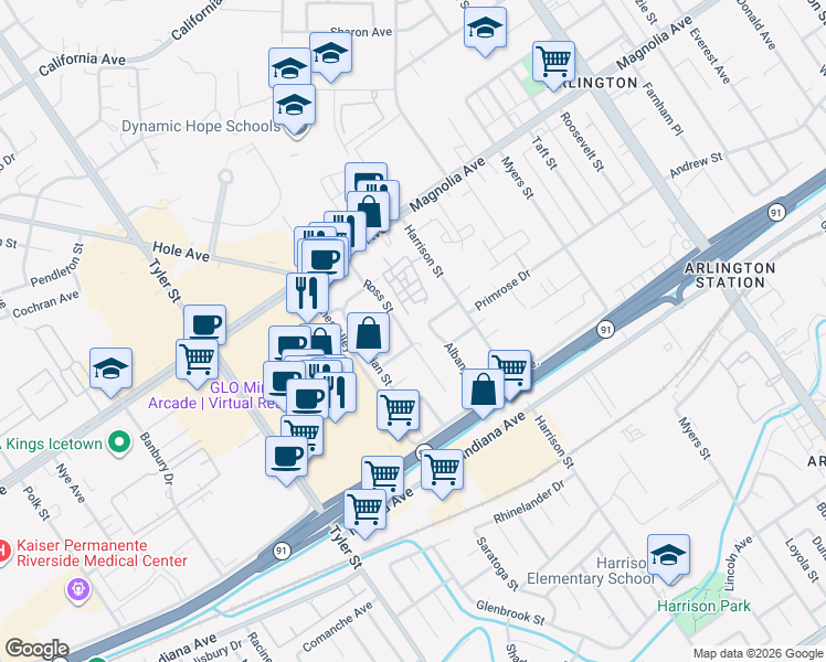 map of restaurants, bars, coffee shops, grocery stores, and more near 3595 Ross Street in Riverside