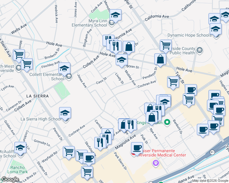 map of restaurants, bars, coffee shops, grocery stores, and more near 4016 Polk Street in Riverside