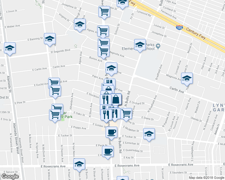 map of restaurants, bars, coffee shops, grocery stores, and more near 12622 Long Beach Boulevard in Lynwood