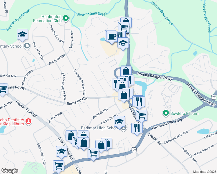 map of restaurants, bars, coffee shops, grocery stores, and more near 569 Burnt Creek Drive Northwest in Lilburn