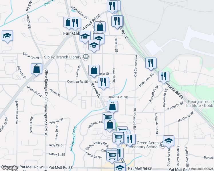 map of restaurants, bars, coffee shops, grocery stores, and more near 1665 Joyner Avenue Southeast in Marietta