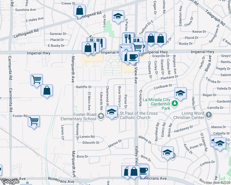 map of restaurants, bars, coffee shops, grocery stores, and more near 13102 Sunnybrook Lane in La Mirada