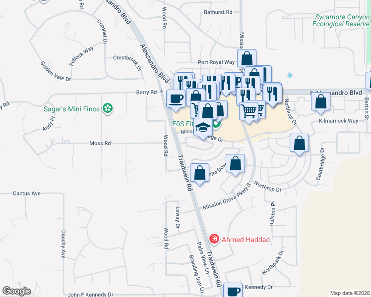 map of restaurants, bars, coffee shops, grocery stores, and more near 7645 Hillhurst Drive in Riverside