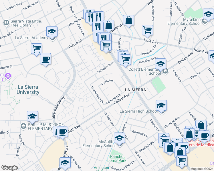 map of restaurants, bars, coffee shops, grocery stores, and more near 11207 Peachtree Place in Riverside