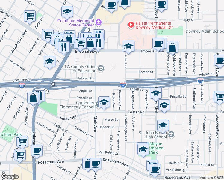map of restaurants, bars, coffee shops, grocery stores, and more near 13027 Fidler Avenue in Downey