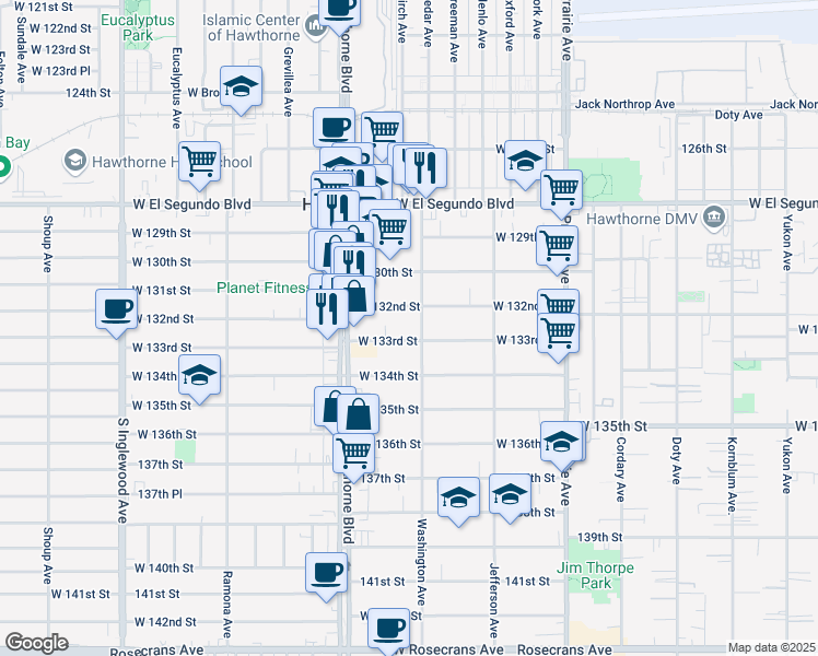map of restaurants, bars, coffee shops, grocery stores, and more near 4317 West 133rd Street in Hawthorne