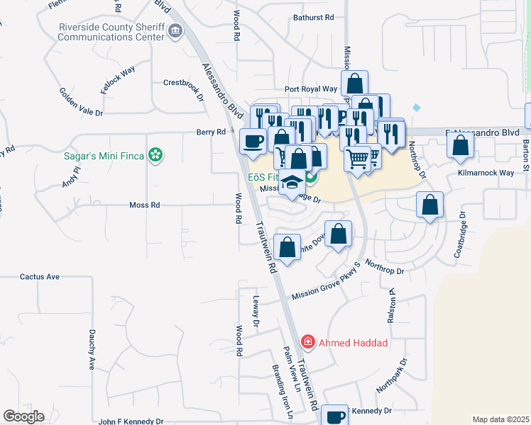 map of restaurants, bars, coffee shops, grocery stores, and more near 7639 Hillhurst Drive in Riverside