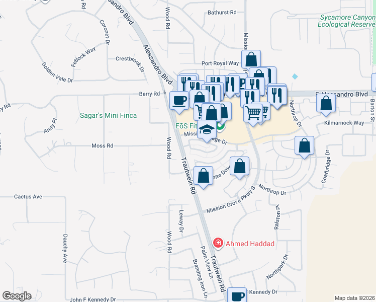 map of restaurants, bars, coffee shops, grocery stores, and more near 19114 Yoko Lane in Riverside