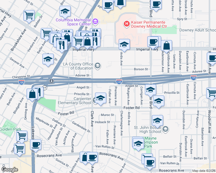 map of restaurants, bars, coffee shops, grocery stores, and more near 13027 Fidler Avenue in Downey