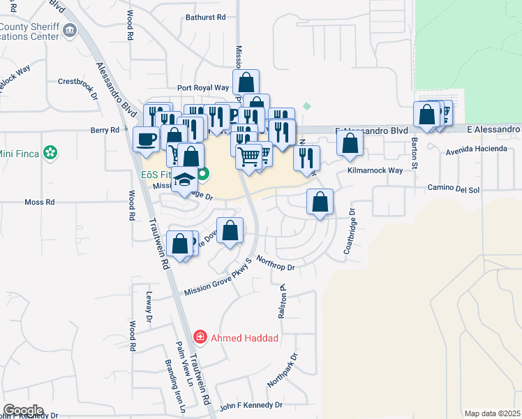 map of restaurants, bars, coffee shops, grocery stores, and more near 19284 White Dove Lane in Riverside