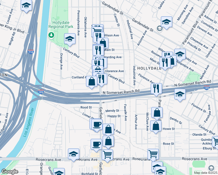 map of restaurants, bars, coffee shops, grocery stores, and more near 13754 Fairlock Avenue in Paramount