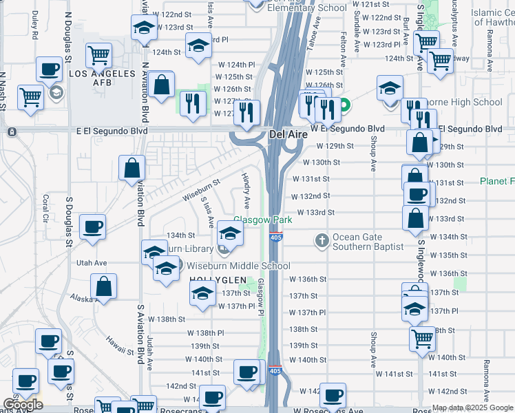map of restaurants, bars, coffee shops, grocery stores, and more near 13229 Glasgow Place in Hawthorne