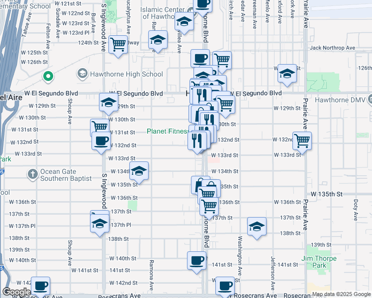map of restaurants, bars, coffee shops, grocery stores, and more near 4475 West 133rd Street in Hawthorne