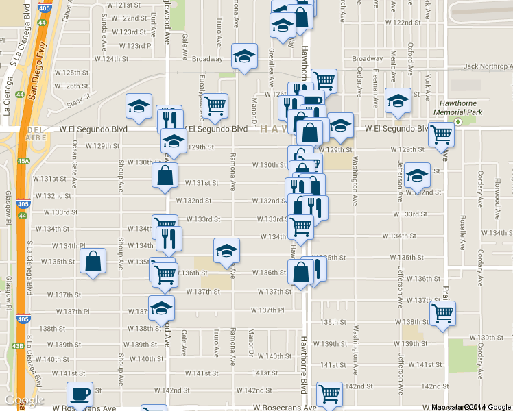 map of restaurants, bars, coffee shops, grocery stores, and more near 4551 West 133rd Street in Hawthorne